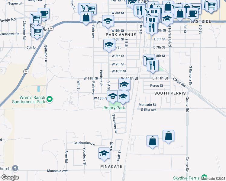 map of restaurants, bars, coffee shops, grocery stores, and more near 1161 South A Street in Perris