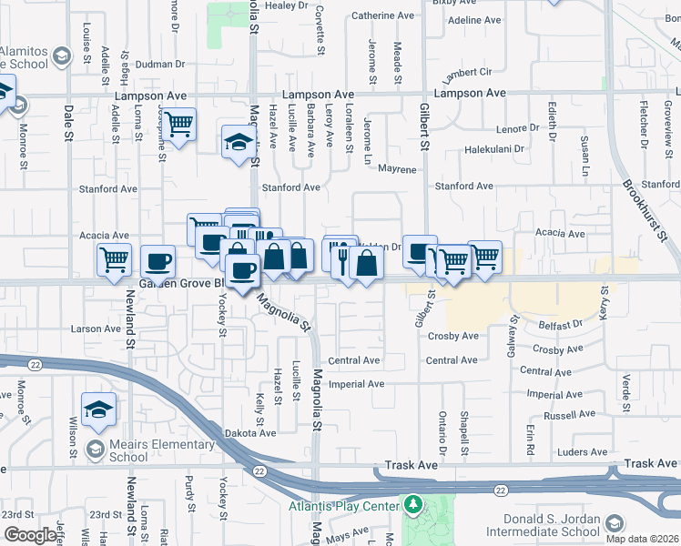 map of restaurants, bars, coffee shops, grocery stores, and more near 9211 Garden Grove Boulevard in Garden Grove