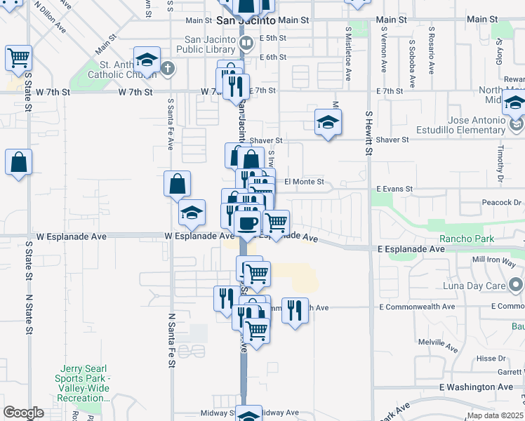 map of restaurants, bars, coffee shops, grocery stores, and more near 1445 South San Jacinto Avenue in San Jacinto
