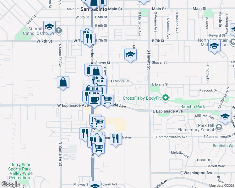 map of restaurants, bars, coffee shops, grocery stores, and more near 1368 Randolph Circle in San Jacinto