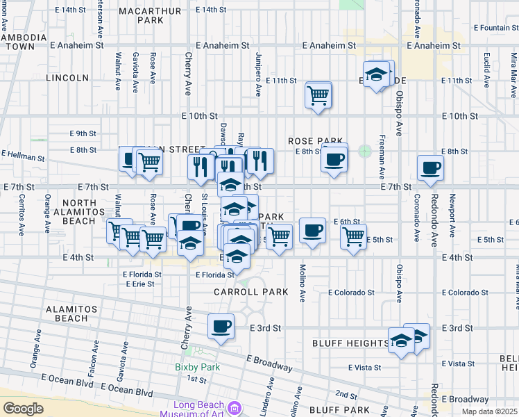 map of restaurants, bars, coffee shops, grocery stores, and more near 632 Junipero Avenue in Long Beach