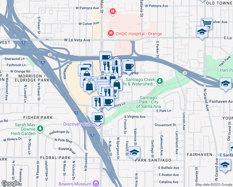 map of restaurants, bars, coffee shops, grocery stores, and more near 165 East City Place Drive in Santa Ana