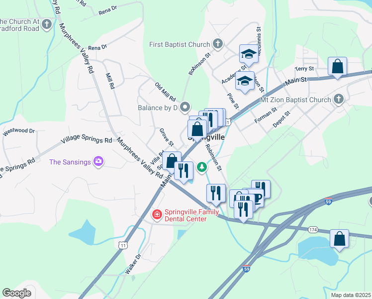 map of restaurants, bars, coffee shops, grocery stores, and more near 6293 U.S. 11 in Springville