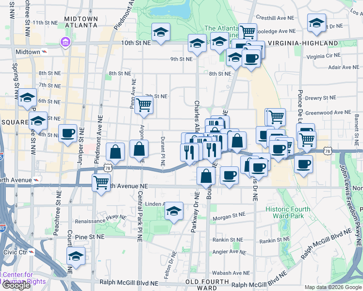 map of restaurants, bars, coffee shops, grocery stores, and more near 397 4th Street Northeast in Atlanta