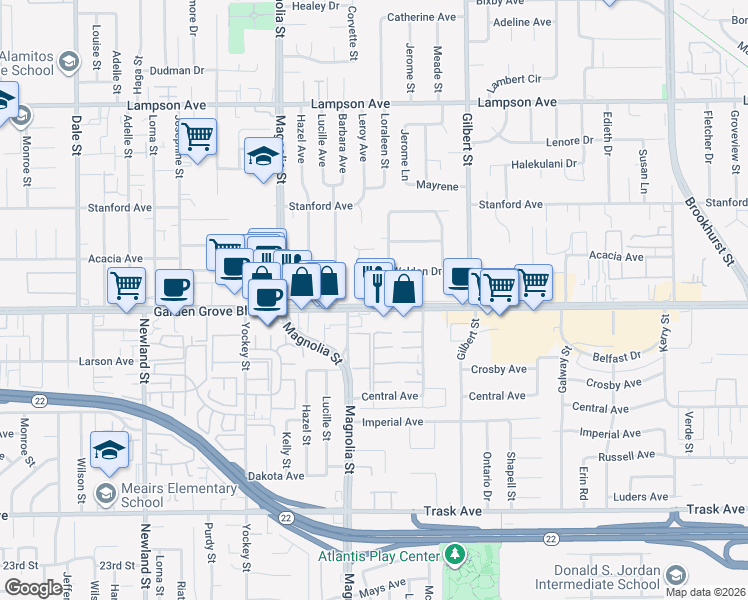 map of restaurants, bars, coffee shops, grocery stores, and more near 9211 Garden Grove Boulevard in Garden Grove