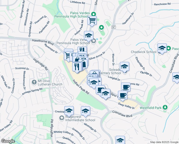 map of restaurants, bars, coffee shops, grocery stores, and more near 450 Silver Spur Road in Rancho Palos Verdes