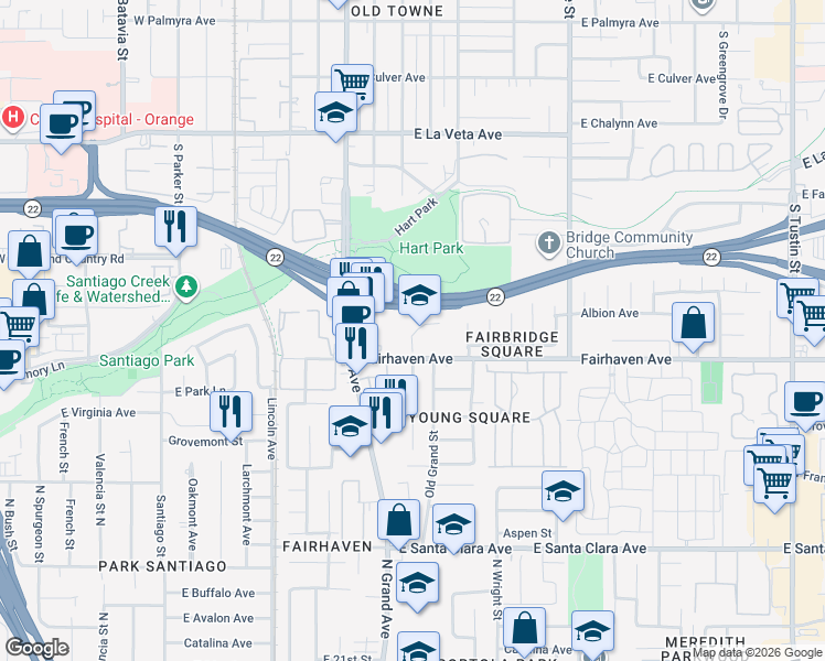map of restaurants, bars, coffee shops, grocery stores, and more near 1415 Fairhaven Avenue in Santa Ana