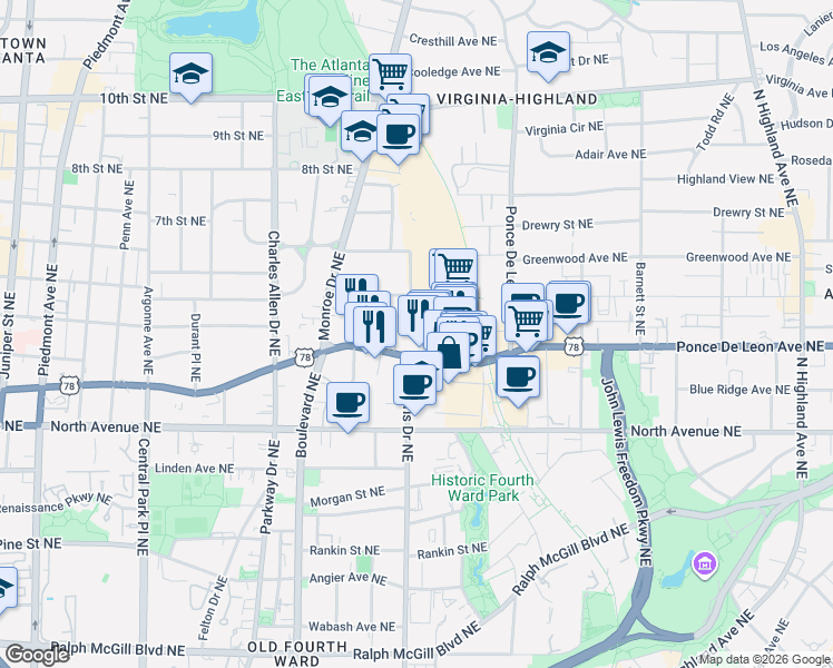 map of restaurants, bars, coffee shops, grocery stores, and more near 710 Lakeview Avenue Northeast in Atlanta