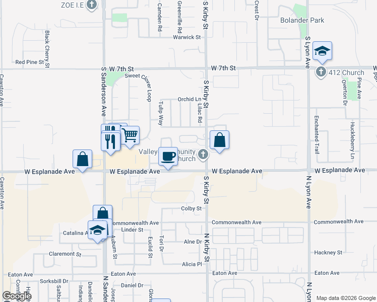 map of restaurants, bars, coffee shops, grocery stores, and more near 1990 Connor Lane in San Jacinto