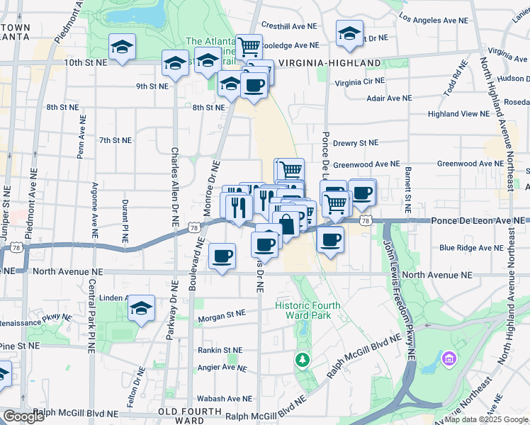 map of restaurants, bars, coffee shops, grocery stores, and more near 710 Lakeview Avenue Northeast in Atlanta