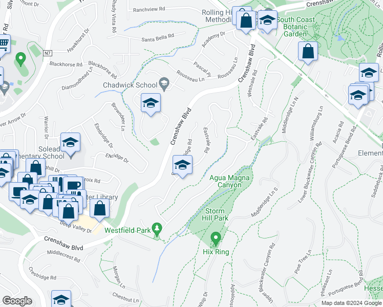 map of restaurants, bars, coffee shops, grocery stores, and more near 27424 Rainbow Ridge Road in Palos Verdes Peninsula