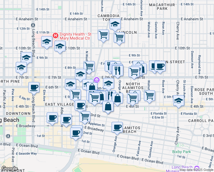 map of restaurants, bars, coffee shops, grocery stores, and more near 1036 East 6th Street in Long Beach