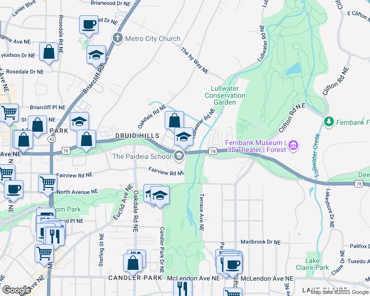 map of restaurants, bars, coffee shops, grocery stores, and more near 19 Lullwater Place Northeast in Atlanta