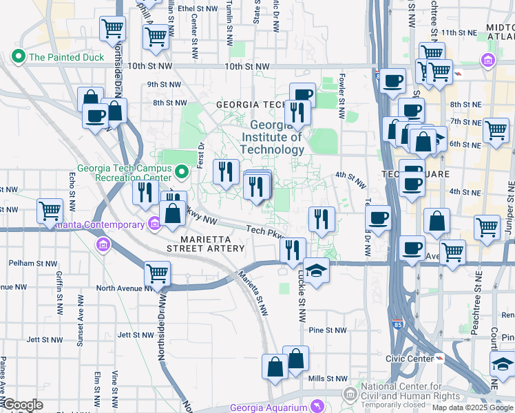 map of restaurants, bars, coffee shops, grocery stores, and more near 350 Ferst Drive Northwest in Atlanta