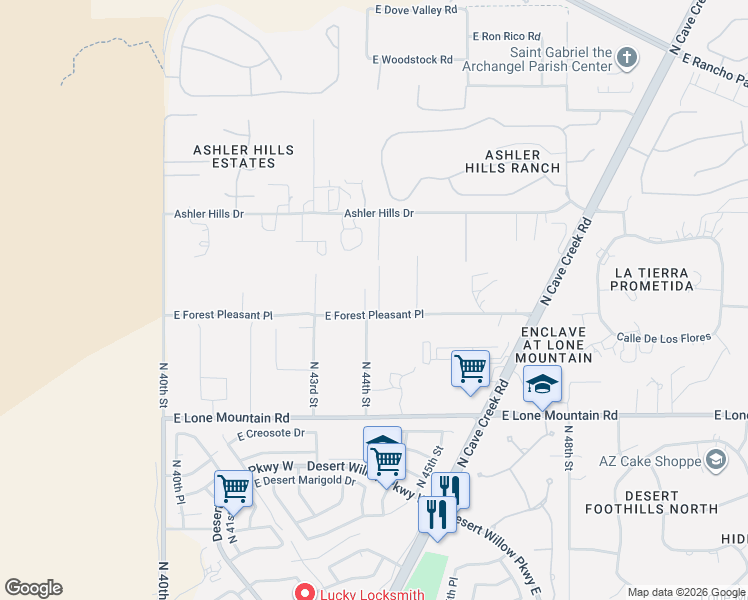 map of restaurants, bars, coffee shops, grocery stores, and more near 31818 North 44th Place in Cave Creek
