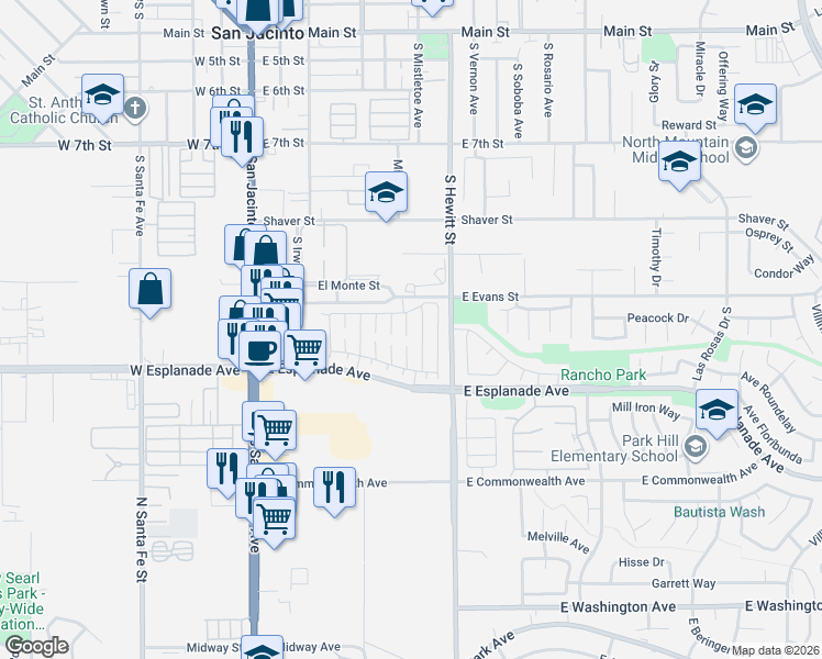 map of restaurants, bars, coffee shops, grocery stores, and more near 1365 Yorktown Circle in San Jacinto