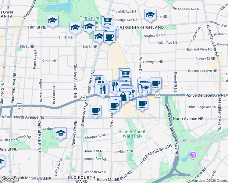 map of restaurants, bars, coffee shops, grocery stores, and more near 710 Lakeview Avenue Northeast in Atlanta