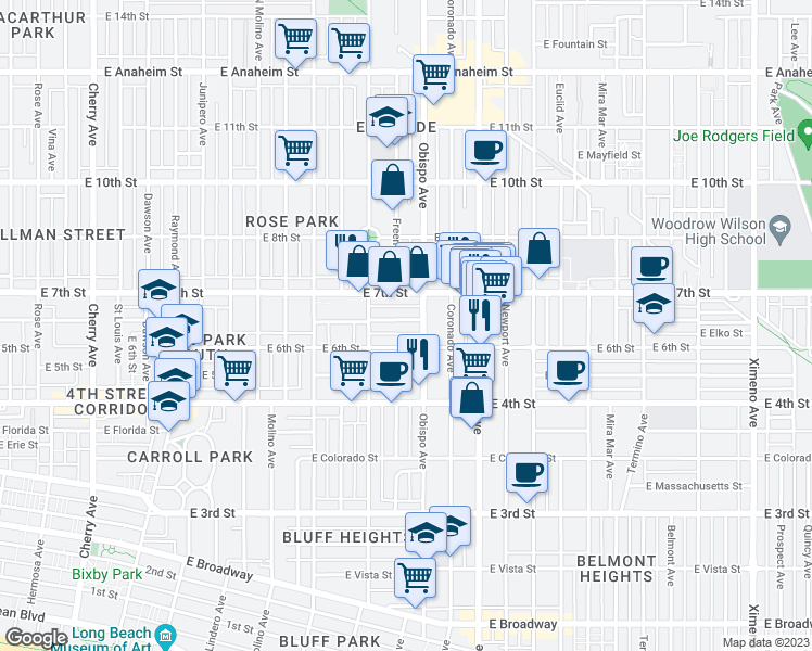 map of restaurants, bars, coffee shops, grocery stores, and more near 3116 East Theresa Street in Long Beach
