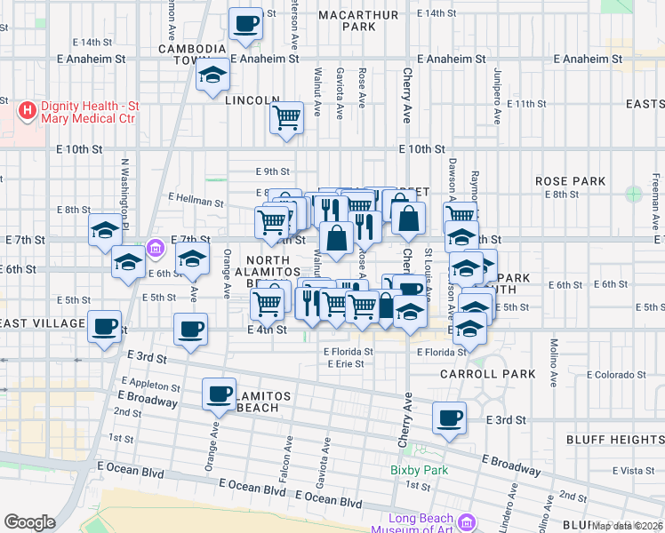 map of restaurants, bars, coffee shops, grocery stores, and more near 1626 East 6th Street in Long Beach