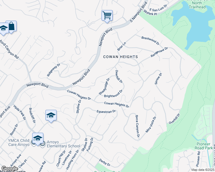 map of restaurants, bars, coffee shops, grocery stores, and more near 10392 Shadyridge Drive in Santa Ana