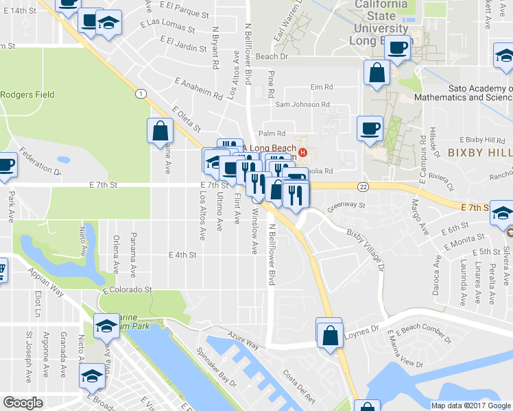map of restaurants, bars, coffee shops, grocery stores, and more near 5660 E Pacific Coast Hwy in Long Beach