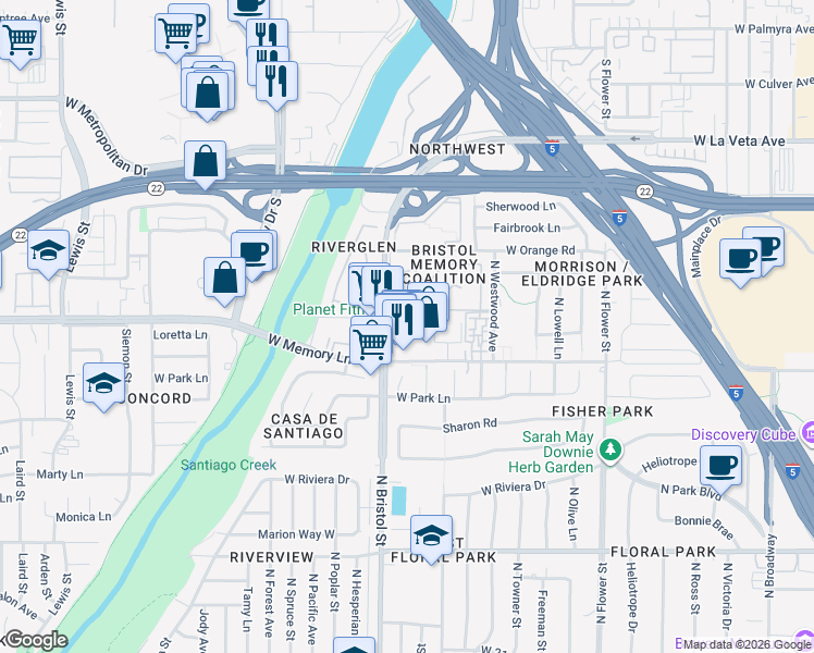map of restaurants, bars, coffee shops, grocery stores, and more near 2725 North Bristol Street in Santa Ana