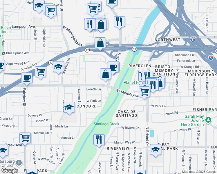 map of restaurants, bars, coffee shops, grocery stores, and more near 1600 West Memory Lane in Santa Ana
