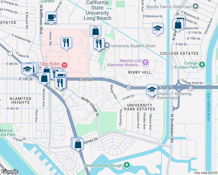 map of restaurants, bars, coffee shops, grocery stores, and more near 651 Wakefield Court in Long Beach