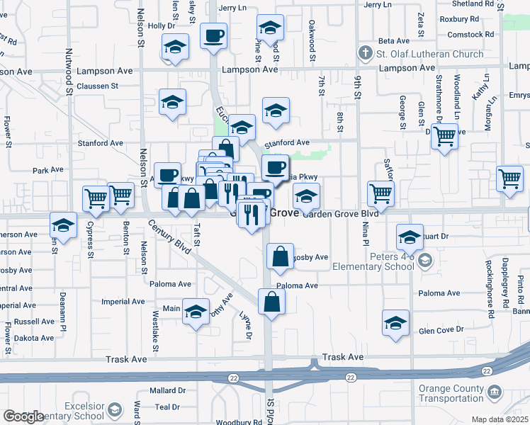 map of restaurants, bars, coffee shops, grocery stores, and more near 13102 Partridge Street in Garden Grove