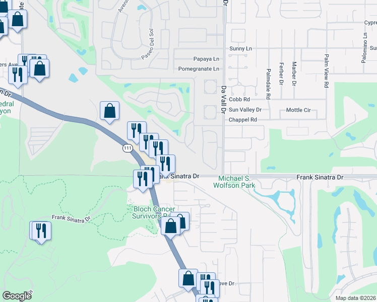 map of restaurants, bars, coffee shops, grocery stores, and more near 310 Vía Don Benito in Cathedral City
