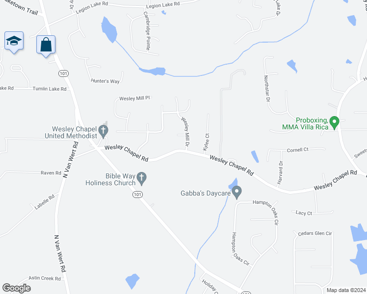 map of restaurants, bars, coffee shops, grocery stores, and more near 100 Wesley Mill Drive in Villa Rica