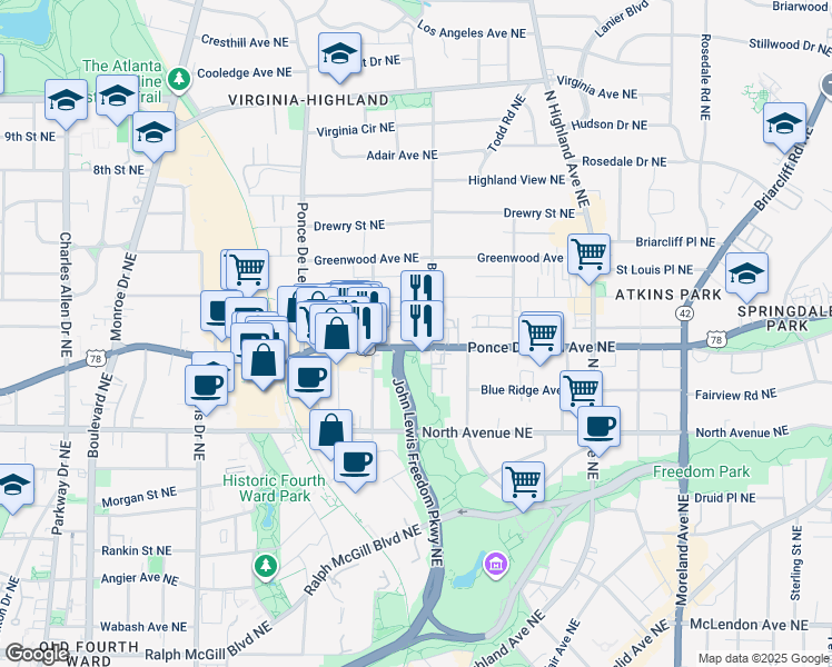 map of restaurants, bars, coffee shops, grocery stores, and more near 829 Highland Lane Northeast in Atlanta