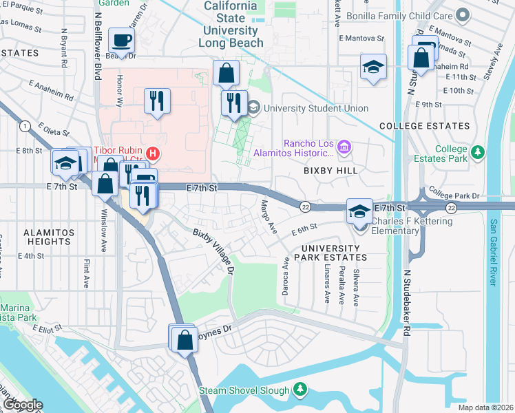 map of restaurants, bars, coffee shops, grocery stores, and more near 651 Wakefield Court in Long Beach