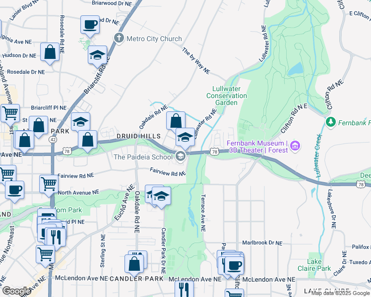 map of restaurants, bars, coffee shops, grocery stores, and more near 18 Lullwater Place Northeast in Atlanta