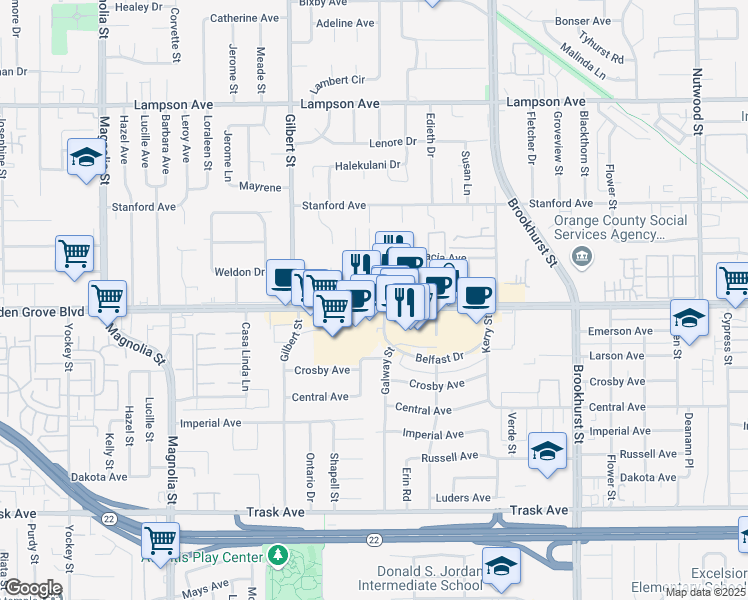 map of restaurants, bars, coffee shops, grocery stores, and more near 9735 Garden Grove Boulevard in Garden Grove