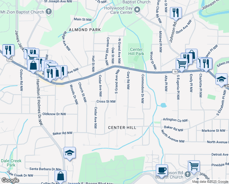 map of restaurants, bars, coffee shops, grocery stores, and more near 706 South Grand Avenue Northwest in Atlanta