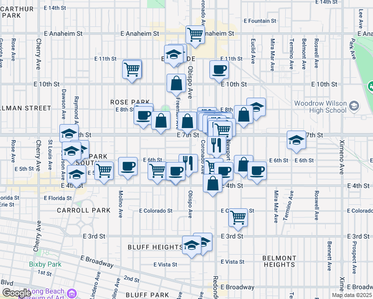map of restaurants, bars, coffee shops, grocery stores, and more near 3134 East Theresa Street in Long Beach