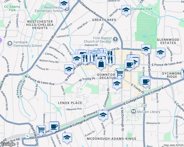 map of restaurants, bars, coffee shops, grocery stores, and more near 421 West Trinity Place in Decatur