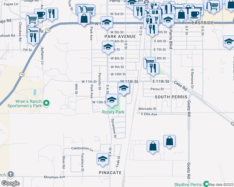 map of restaurants, bars, coffee shops, grocery stores, and more near 2 North Perris Boulevard in Perris