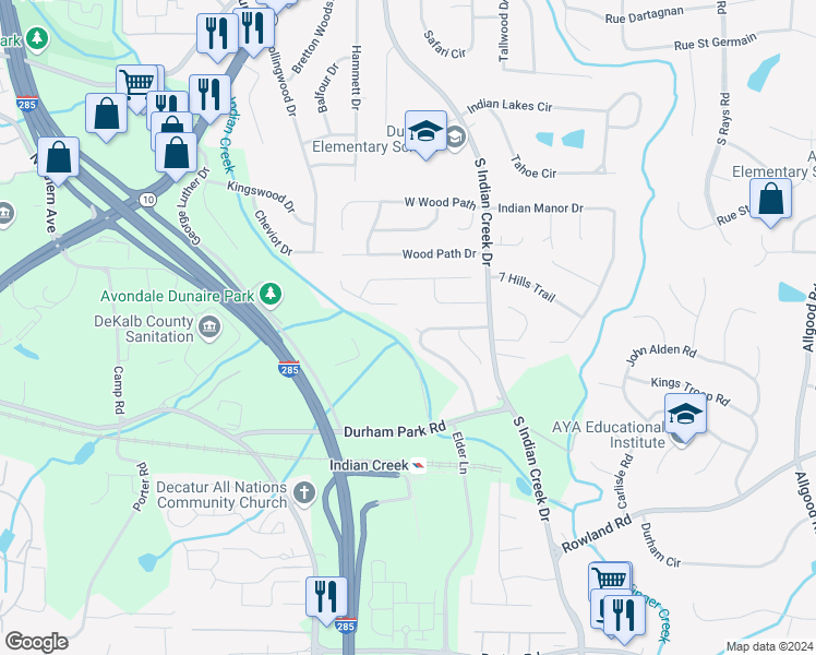 map of restaurants, bars, coffee shops, grocery stores, and more near 3909 South Creek Court in Stone Mountain