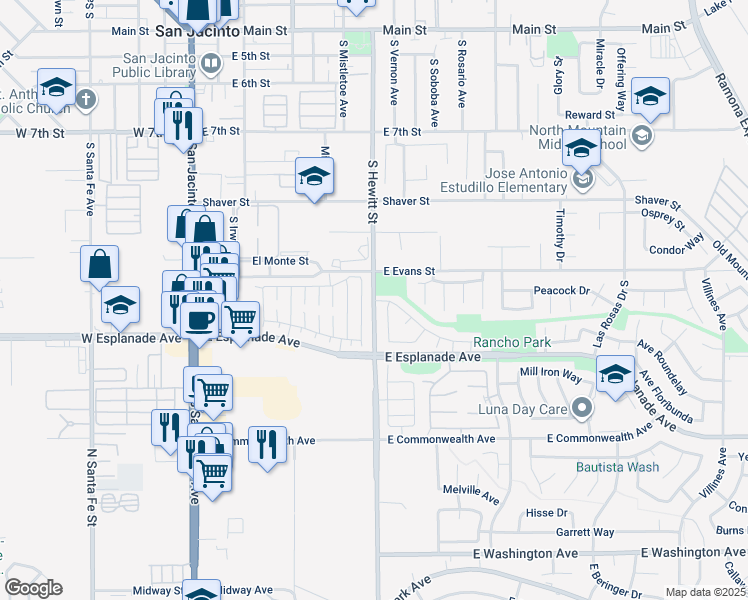 map of restaurants, bars, coffee shops, grocery stores, and more near 689 Carnation Lane in San Jacinto