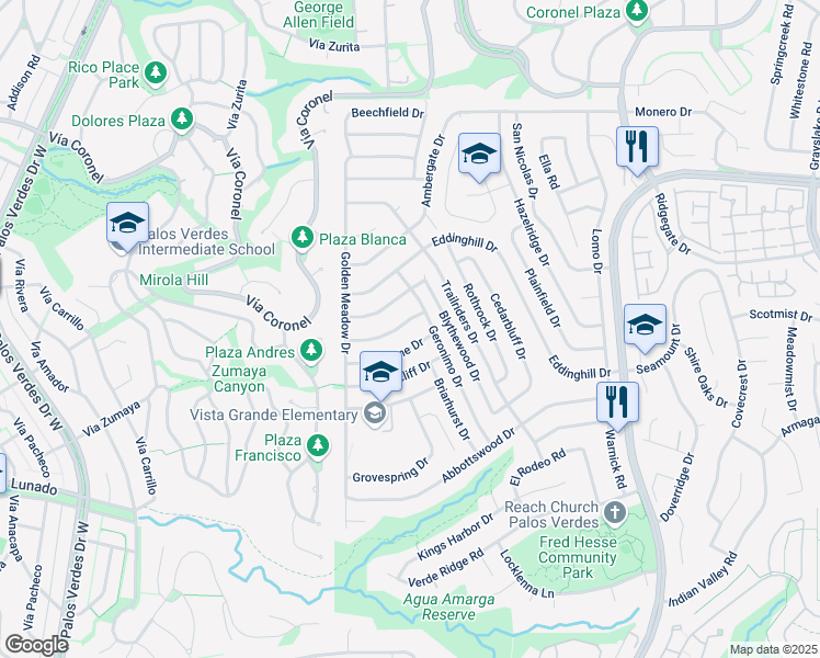 map of restaurants, bars, coffee shops, grocery stores, and more near 6938 Willowtree Drive in Rancho Palos Verdes