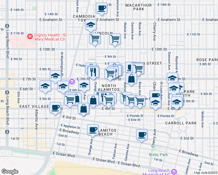 map of restaurants, bars, coffee shops, grocery stores, and more near 524 Almond Avenue in Long Beach