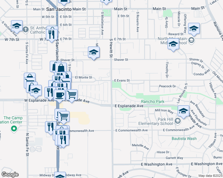 map of restaurants, bars, coffee shops, grocery stores, and more near 681 Carnation Lane in San Jacinto