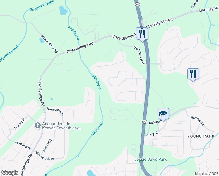 map of restaurants, bars, coffee shops, grocery stores, and more near 1245 Joslin Path in Douglasville