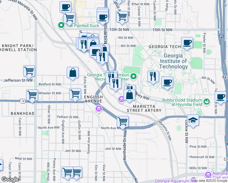 map of restaurants, bars, coffee shops, grocery stores, and more near 810 Marietta Street NorthWest in Atlanta