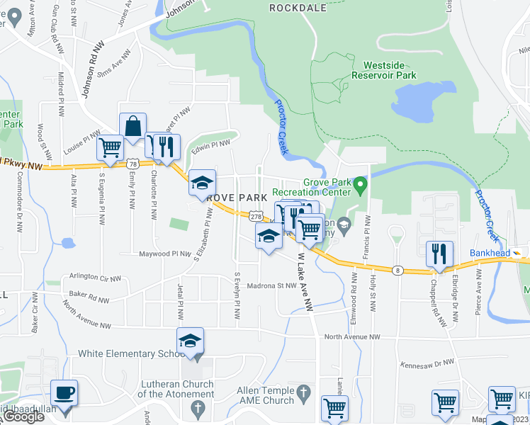 map of restaurants, bars, coffee shops, grocery stores, and more near 3 Gertrude Place Northwest in Atlanta