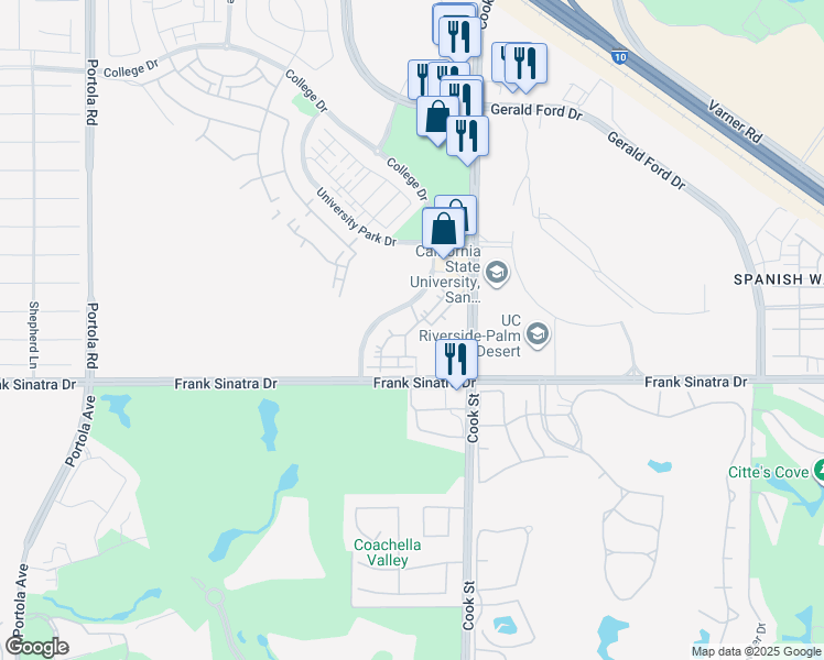 map of restaurants, bars, coffee shops, grocery stores, and more near 37600 College Drive in Palm Desert