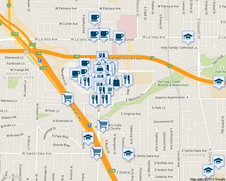 map of restaurants, bars, coffee shops, grocery stores, and more near 165 East City Place Drive in Santa Ana