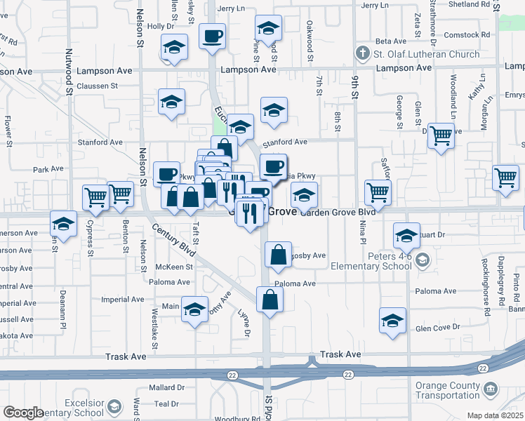 map of restaurants, bars, coffee shops, grocery stores, and more near in Garden Grove